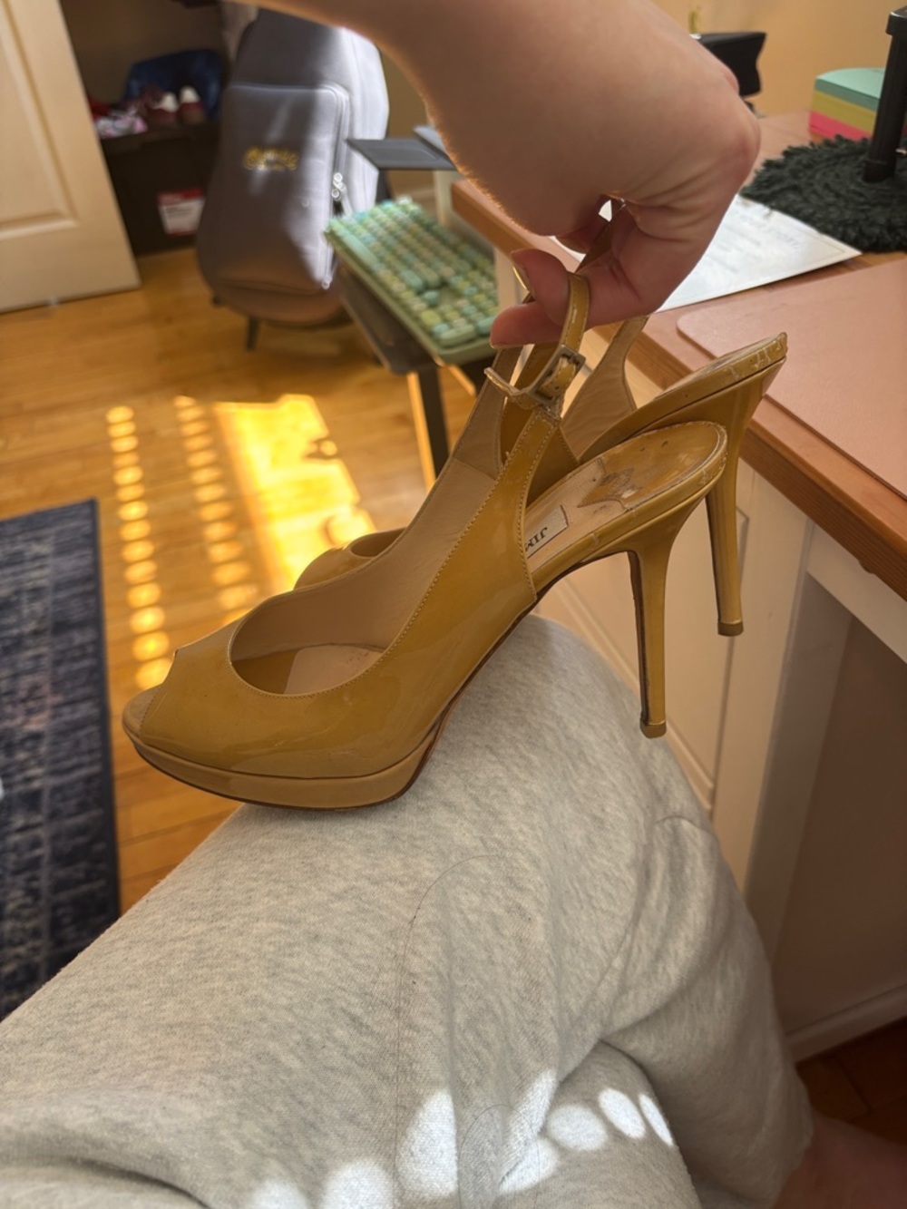 Jimmy Choo Mustard Yellow Peep-Toe Slingback Heels - Picture 2 of 5